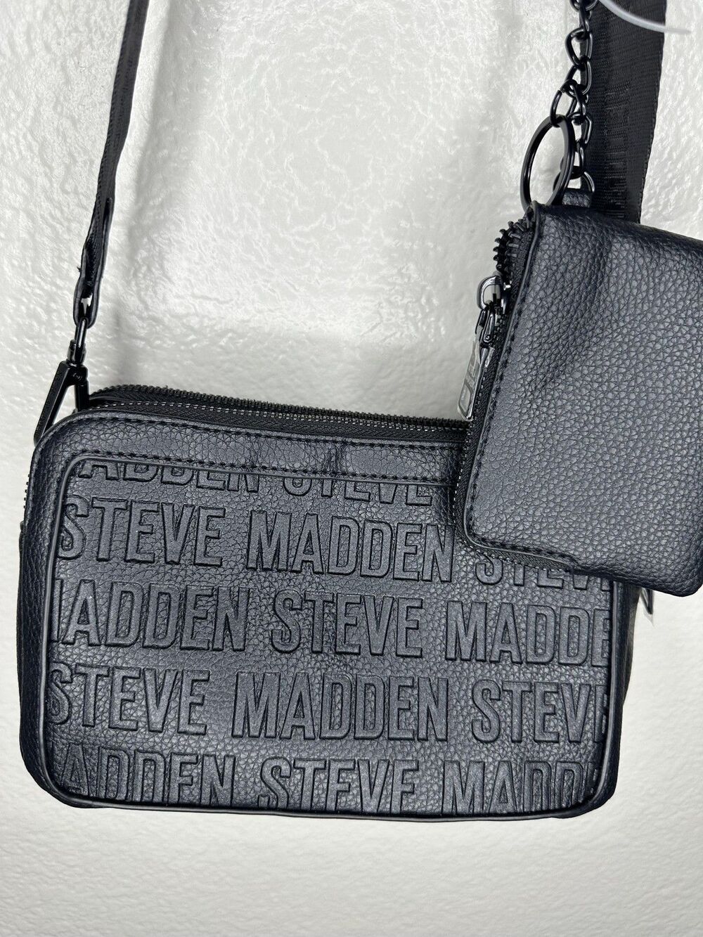 Steve Madden Crossbody Bag Womens Small Black Logo Faux Leather Coin Purse Zip - Picture 5 of 7